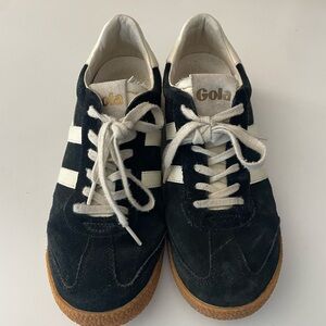Gola Black Suede Sneakers with White Stripes and Gum Sole